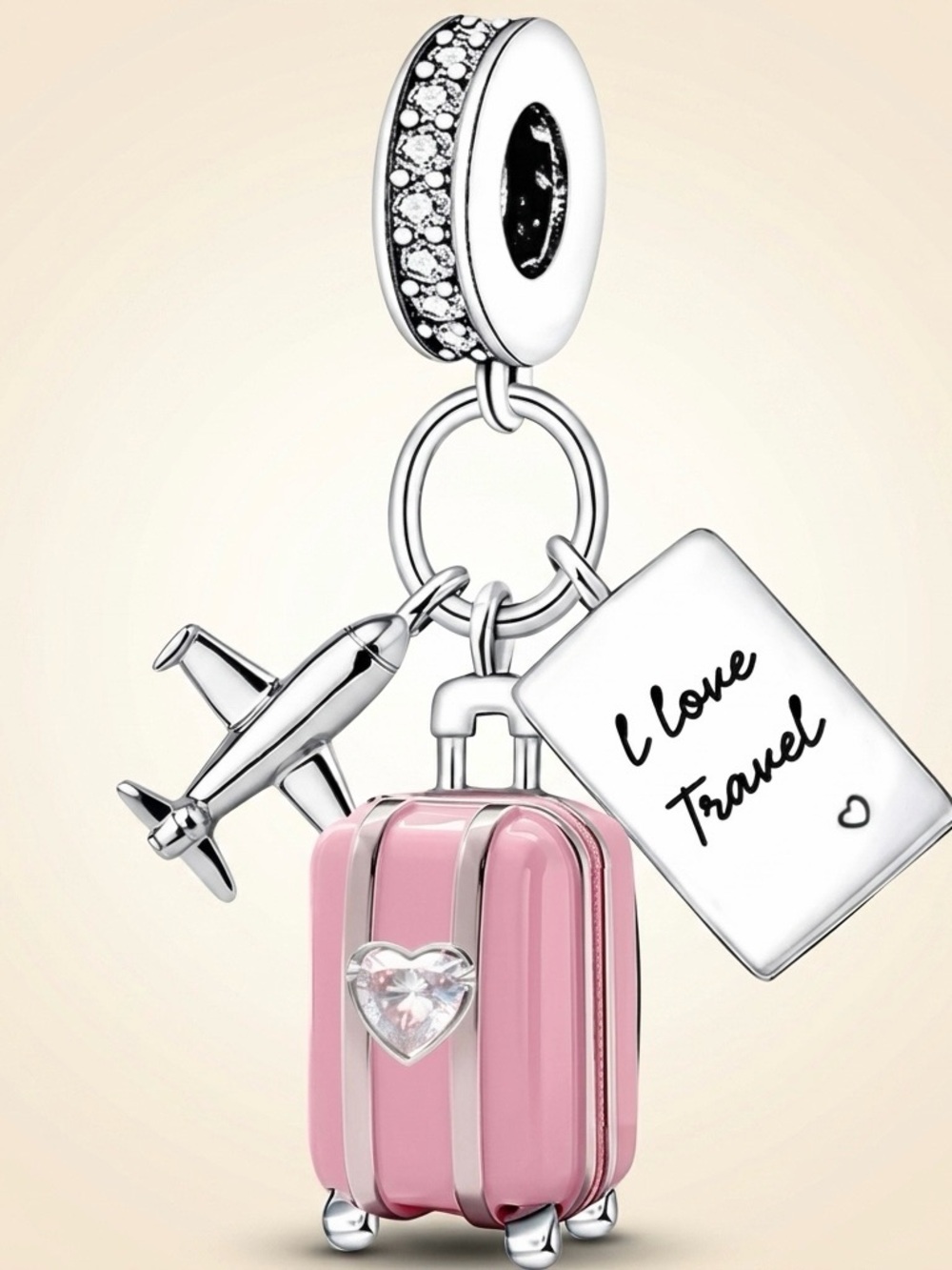 S925 Silver Travel Dangle Charm Pink Suitcase Airplane Pandora Fit Gift New CHAR